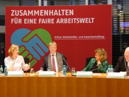 Betriebsräte- und Gewerkschaftstag: Podium mit Reiner Hoffmann (DGB), Prof. Dr. Sell und Kerstin Andreae (2016)