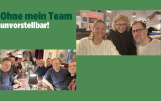 Zwei Fotos kombiniert: Oben Beate Müller-Gemmeke mit zwei ehemaligen Teammitgliedern in gemütlicher Atmosphäre, unten eine lange Tafel mit ehemalige und aktuelle Mitarbeitende bei einem Abschiedsessen. Text: „Ohne mein Team – unvorstellbar!“.