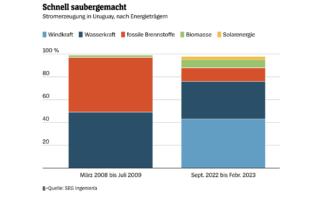 Balkendiagramm zur Stromerzeugung in Uruguay: Links (2008–2009) dominieren fossile Brennstoffe und Wasserkraft, rechts (2022–2023) stammen rund 98 % des Stroms aus erneuerbaren Energien – vor allem Wind- und Wasserkraft, ergänzt durch Biomasse und Solarenergie. Quelle: SEG Ingeniería.