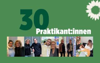 Zahl „30“ mit dem Text „Praktikant:innen“. Rechts davon mehrere Fotos von Beate Müller-Gemmeke mit verschiedenen Praktikant:innen aus ihrem Bundestagsbüro.