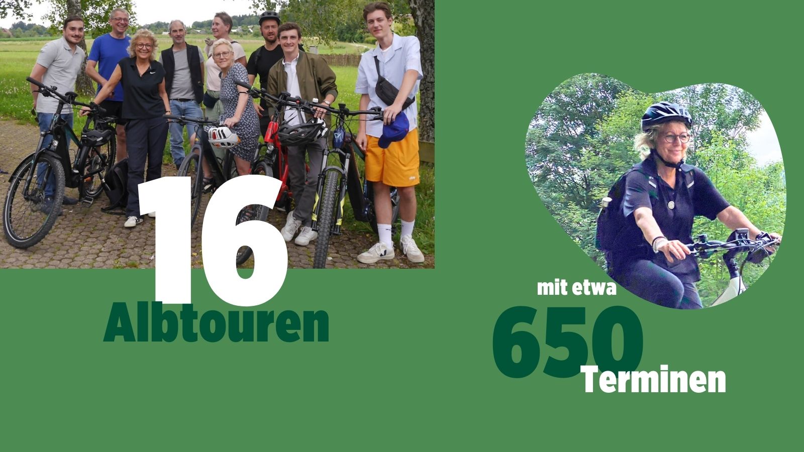 Bildcollage zur Alb-Tour: „16 Albtouren mit etwa 650 Terminen“. Oben Beate Müller-Gemmeke mit einer Gruppe junger Menschen und Fahrrädern. Unten Bilder von Radtouren durch grüne Landschaften.