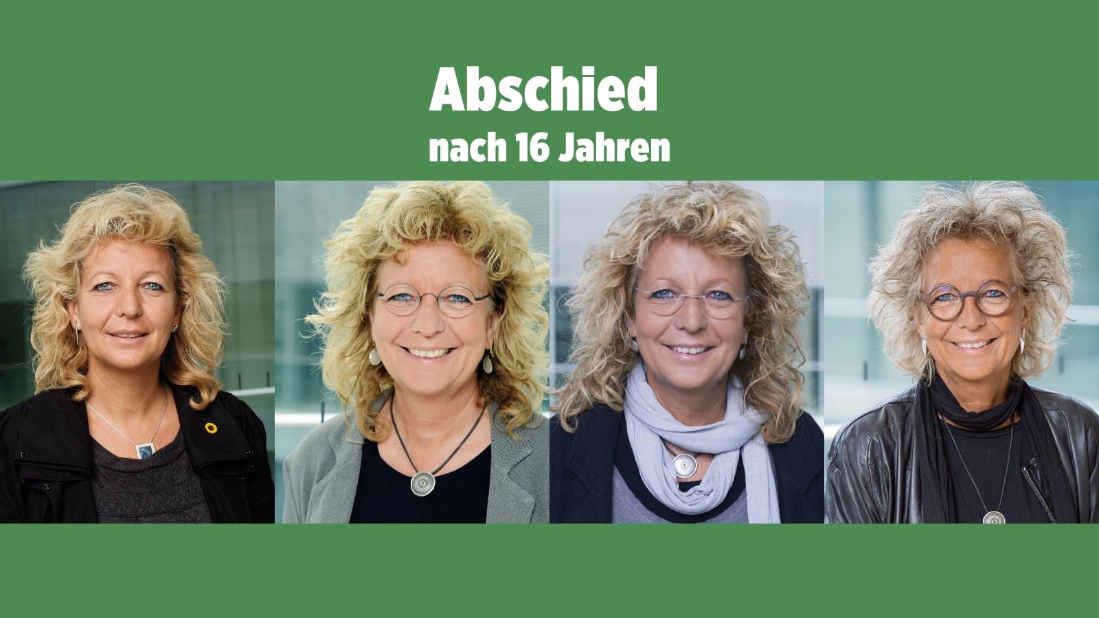 Vier Porträts von Beate Müller-Gemmeke aus verschiedenen Jahren im Bundestag. In der Mitte der Text: „Abschied nach 16 Jahren“.