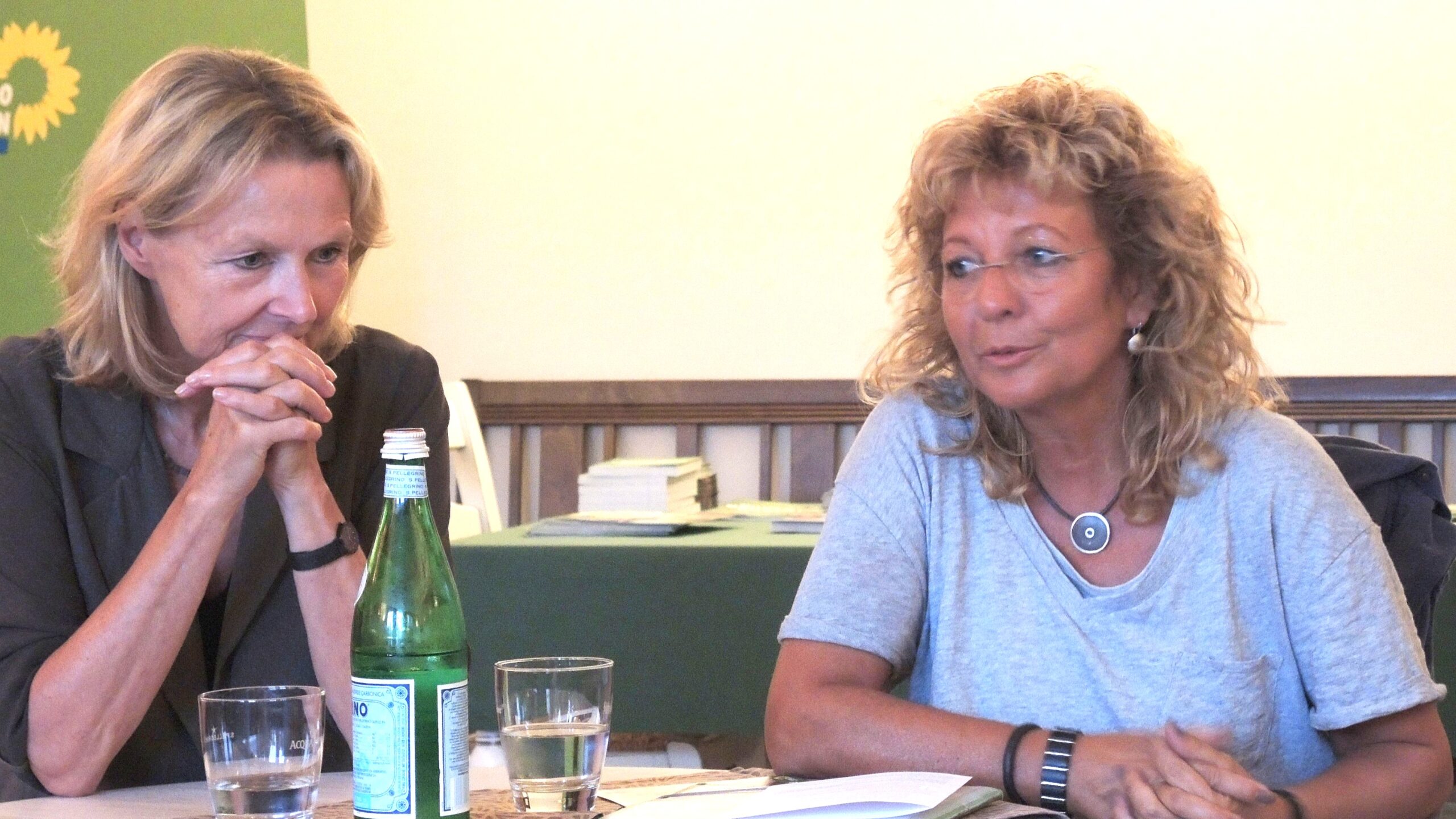 Beate Müller-Gemmeke und Sylvia Kotting-Uhl bei einer Diskussion im Grünen-Kontext, beide im Gespräch vertieft.