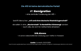 Sharepic mit schwarzem Hintergrund und dem Titel „Die AfD ist keine demokratische Partei!“. Darunter steht „#1 Remigration – eine zentrale Forderung der AfD –“. Aufgelistet wird, dass Remigration Menschen mit und ohne deutsche Staatsbürgerschaft betrifft und diese in eine „Musterstadt“ in Nordafrika „hinbewegt“ werden sollen – auch Unterstützer:innen von Geflüchteten. Quelle: Correctiv, 10.09.2025.