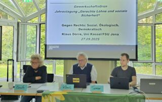 Beate Müller-Gemmeke im Gespräch mit Klaus Dörre (Universität Jena) bei der Jahrestagung von GewerkschaftsGrün.