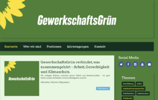 Screenshot der Website von GewerkschaftsGrün mit dem Logo und dem Motto „Arbeit, Gerechtigkeit und Klimaschutz“.