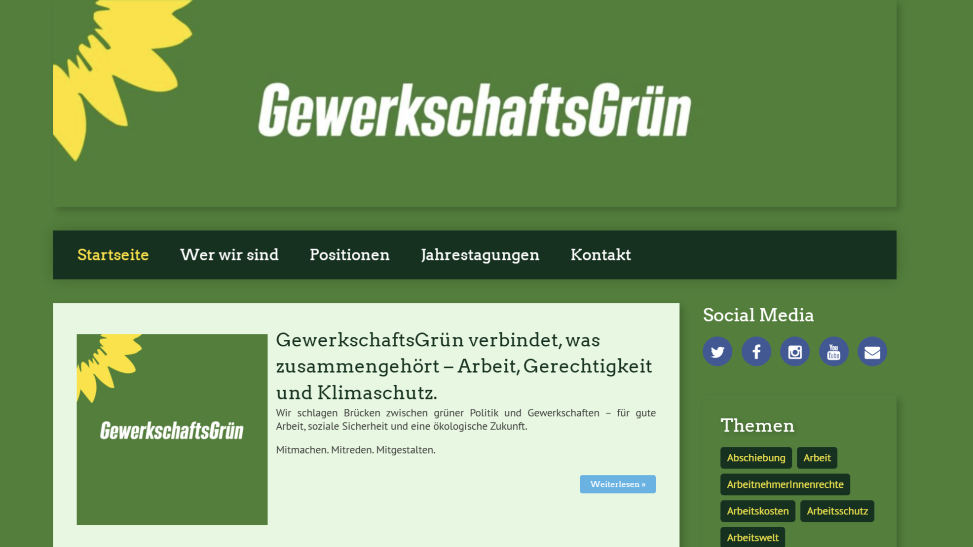 Screenshot der Website von GewerkschaftsGrün mit dem Logo und dem Motto „Arbeit, Gerechtigkeit und Klimaschutz“.