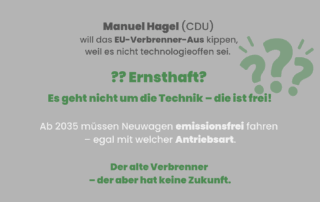 Sharepic mit grünem Hintergrund. Überschrift: „Manuel Hagel (CDU) will das EU-Verbrenner-Aus kippen, weil es nicht technologieoffen sei.“ Darunter in gelber Schrift: „?? Ernsthaft? Es geht nicht um die Technik – die ist frei!“ Weitere Texte: „Ab 2035 müssen Neuwagen emissionsfrei fahren – egal mit welcher Antriebsart.“ Und: „Der alte Verbrenner – der aber hat keine Zukunft.“ Im Hintergrund stilisierte Fragezeichen.