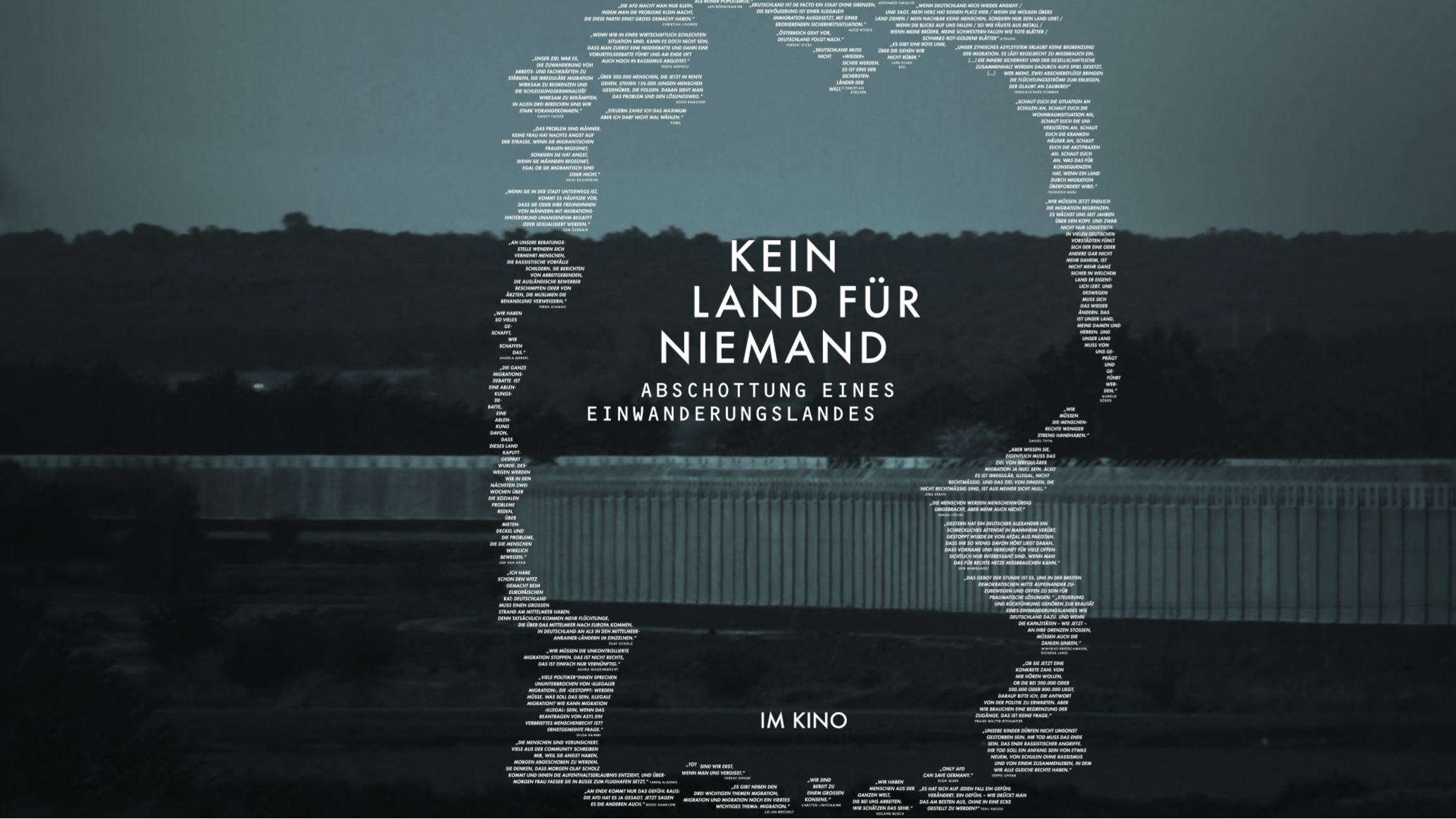 Filmplakat von „Kein Land für Niemand – Abschottung eines Einwanderungslandes“. Weiße Schrift auf dunklem Hintergrund, geformt zu einem Umriss Europas. Der Film thematisiert Europas Umgang mit Flucht und Asyl.