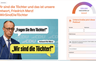 Friedrich Merz steht vor einem CDU-Hintergrund. In einer Sprechblase steht sein Zitat: „Fragen Sie Ihre Töchter!“ Darunter in Gelb die Antwort: „Wir sind die Töchter!“ – dazu der Hashtag #WirSindDieTöchter und das Logo der Plattform innn.it.