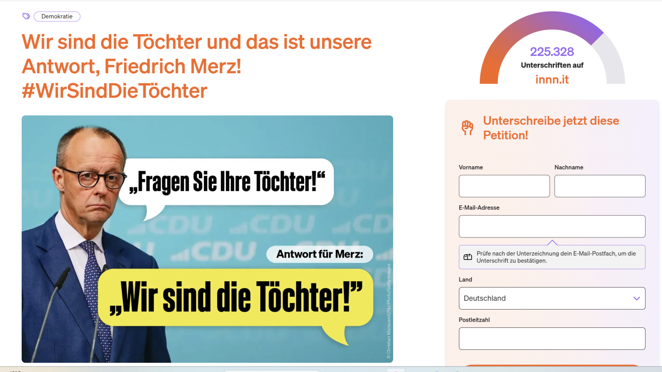 Friedrich Merz steht vor einem CDU-Hintergrund. In einer Sprechblase steht sein Zitat: „Fragen Sie Ihre Töchter!“ Darunter in Gelb die Antwort: „Wir sind die Töchter!“ – dazu der Hashtag #WirSindDieTöchter und das Logo der Plattform innn.it.
