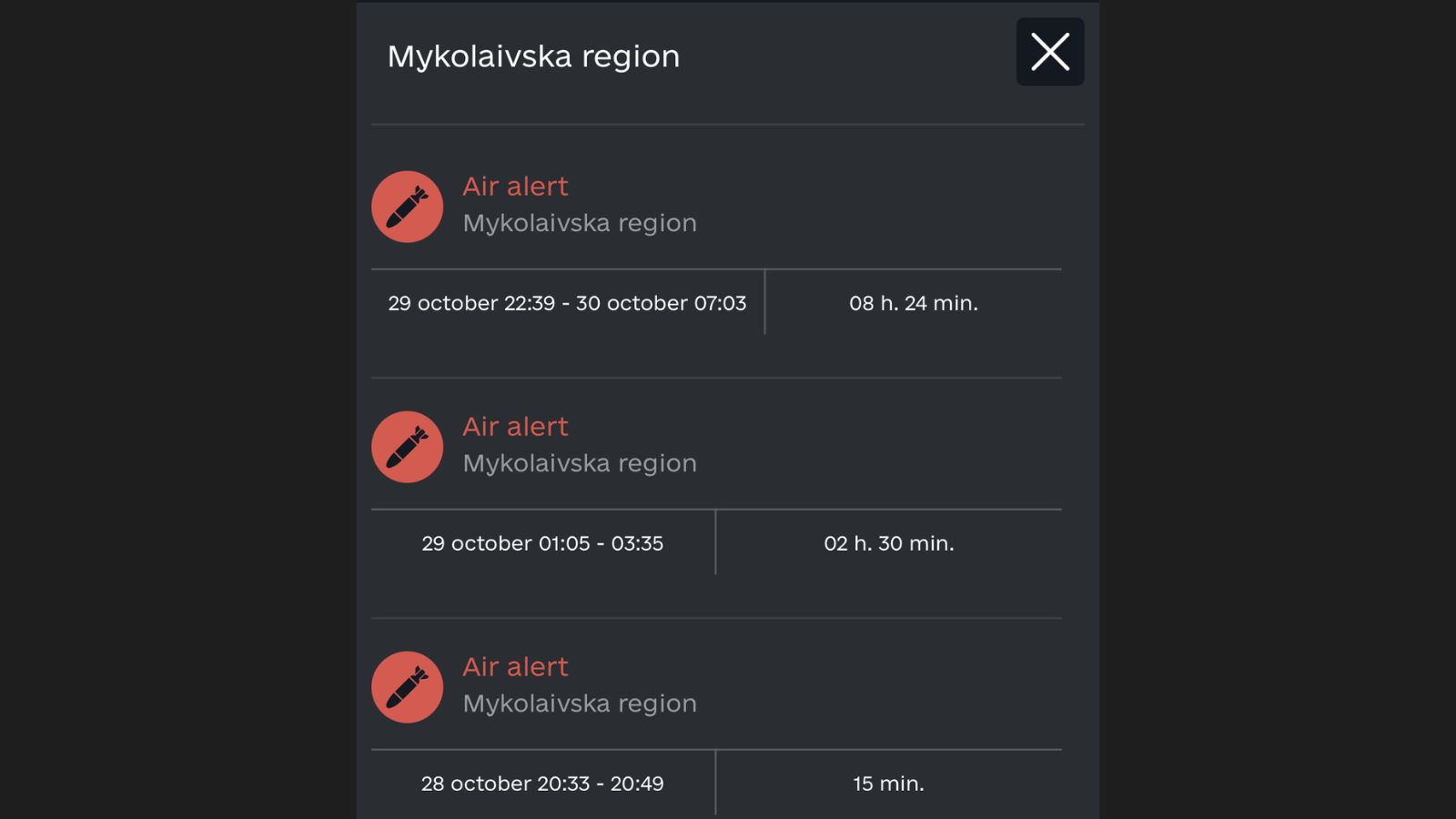 Screenshot der Luftalarm-App für die Region Mykolajiw mit drei Einträgen. Die Alarmzeiten zeigen lange nächtliche Phasen: einmal über acht Stunden, einmal zweieinhalb Stunden und ein kurzer Alarm am Abend. Die Symbole und Zeiten verdeutlichen die ständige Bedrohung.