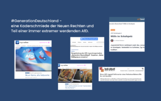 Collage aus mehreren Screenshots verschiedener Nachrichtenportale zur Gründung der AfD-Jugend „Generation Deutschland“. Zu sehen sind Überschriften von Deutschlandfunk, ZDF, Tagesschau und Beck-aktuell. Die Schlagzeilen thematisieren fehlende Mäßigung, alte rechtsextreme Netzwerke, „Wölfe im Schafspelz“ und Forderungen nach einem Verbotsverfahren. Oben steht der Text: „#GenerationDeutschland – eine Kaderschmiede der Neuen Rechten und Teil einer immer extremer werdenden AfD.“