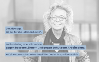 Porträt von Beate Müller-Gemmeke. Daneben Text: „Die AfD sagt, sie sei für die ‚kleinen Leute‘. Im Bundestag aber stimmt sie gegen bessere Löhne – und gegen Schutz am Arbeitsplatz. ➡️ Keine Ausrutscher. Keine Einzelfälle. Das ist ihre politische Linie.“