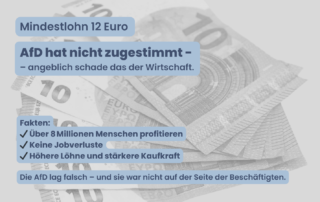 Hintergrund mit Euro-Scheinen. Text: „Mindestlohn 12 Euro. AfD hat nicht zugestimmt – angeblich schade das der Wirtschaft. Fakten: ✔ Über 8 Millionen Menschen profitieren ✔ Keine Jobverluste ✔ Höhere Löhne und stärkere Kaufkraft. Die AfD lag falsch – und war nicht auf der Seite der Beschäftigten.“