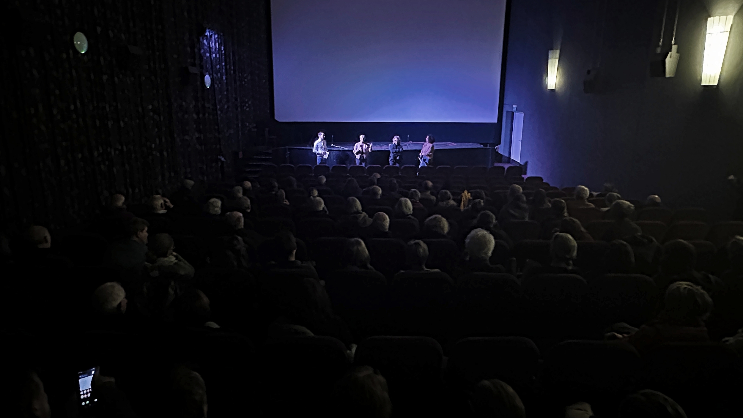 Blick von hinten in einen gut gefüllten Kinosaal im Luna Metzingen. Vor der großen Leinwand stehen Beate Müller-Gemmeke, Cindy Holmberg, Lisa und Marco vor der Bühne und sprechen mit dem Publikum nach der Filmvorführung.