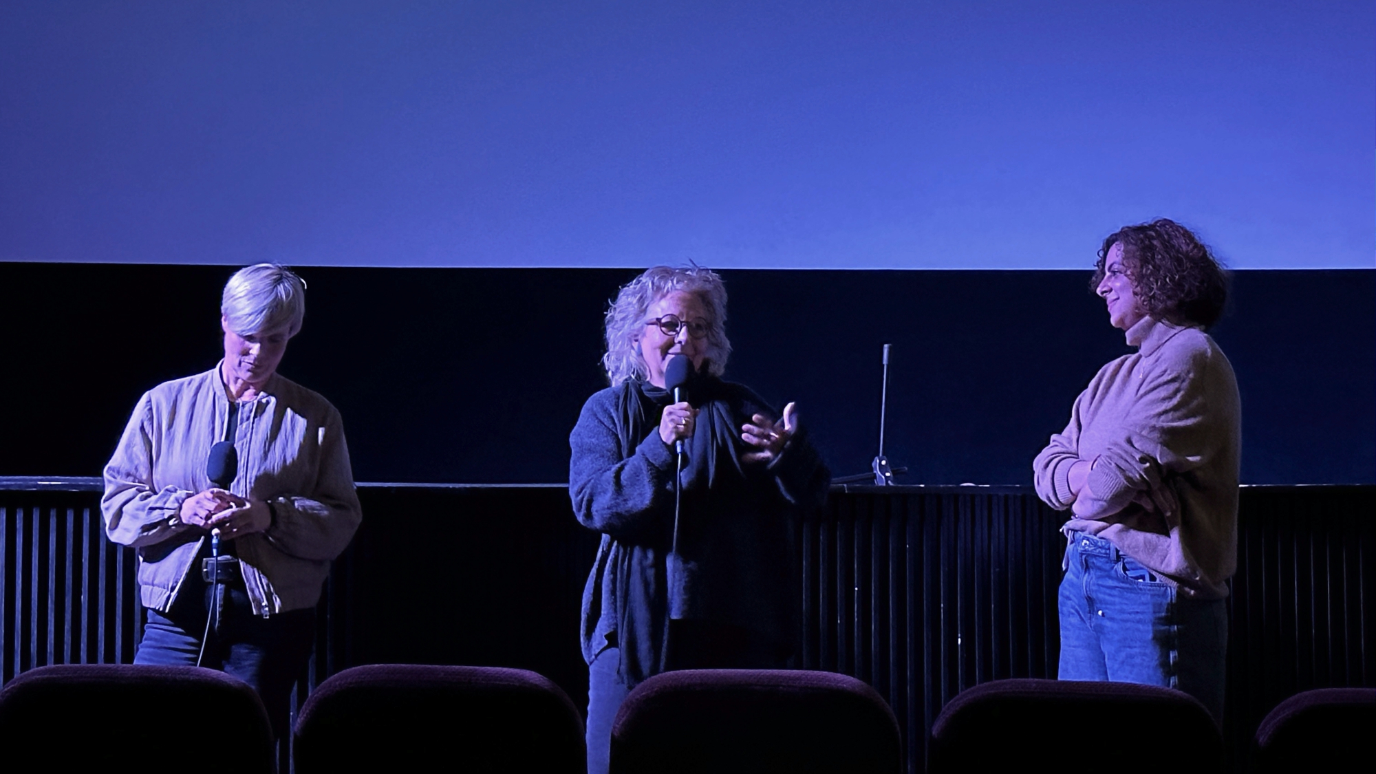Beate Müller-Gemmeke spricht mit Mikrofon auf der Bühne des Kinos. Neben ihr stehen Cindy Holmberg und Lisa Weigert. Sie sind im Gespräch nach der Filmvorführung vor der Kinoleinwand.