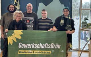 Fünf Personen stehen bei der Landesdelegiertenkonferenz (LDK) der Grünen in Ludwigsburg in einem hellen Saal und halten ein grünes Banner mit der Aufschrift „GewerkschaftsGrün – Gerechte Löhne & soziale Sicherheit“. In der Mitte steht Beate Müller-Gemmeke. Im Hintergrund sind große Fenster und Materialien zur LDK zu sehen.