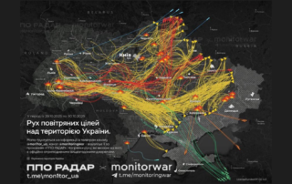 Visualisierung der Flugrouten russischer Raketen und Drohnen über der gesamten Ukraine. Dichte Linien zeigen Angriffe aus verschiedenen Richtungen, Einschläge sind über alle Regionen markiert – von Westen bis Osten, von Norden bis Süden.