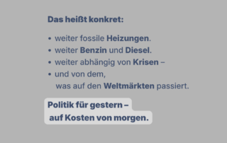 Grafik mit Text: „Das heißt konkret:“ Darunter: „weiter fossile Heizungen, weiter Benzin und Diesel, weiter abhängig von Krisen – und von dem, was auf den Weltmärkten passiert.“ Unten hervorgehoben: „Politik für gestern – auf Kosten von morgen.“