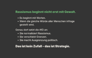 Schwarzer Hintergrund mit grün-weißer Schrift. Überschrift: „Rassismus beginnt nicht erst mit Gewalt.“ Darunter: „Es beginnt mit Worten. Wenn die gleiche Würde aller Menschen infrage gestellt wird.“ Weiterer Text: „Genau dort setzt die AfD an: Sie normalisiert Rassismus. Sie verschiebt Grenzen. Sie macht Ausgrenzung politisch.“ Am Ende hervorgehoben: „Das ist kein Zufall – das ist Strategie.“