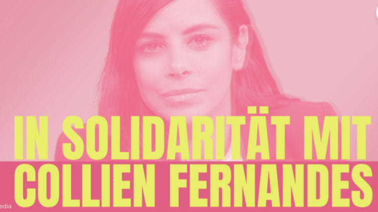 Sharepic in Pink mit Porträt von Collien Fernandes im Hintergrund. Großer Text: „In Solidarität mit Collien Fernandes“. Darunter: „10 Forderungen an die Bundesregierung“. Hinweis: Über 250 Frauen aus Politik, Wirtschaft und Kultur unterstützen die Petition. Unten sind zahlreiche Namen der Erstunterzeichnerinnen aufgeführt.