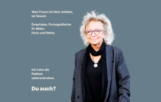 Porträt von Beate Müller-Gemmeke vor grauem Hintergrund. Sie trägt einen dunklen Blazer und Schal und blickt freundlich in die Kamera. Text im Bild:„Was Frauen im Netz erleben, ist Gewalt. Deepfakes. Pornografische KI-Bilder. Hass und Hetze. Ich habe die Petition unterschrieben. Du auch?“