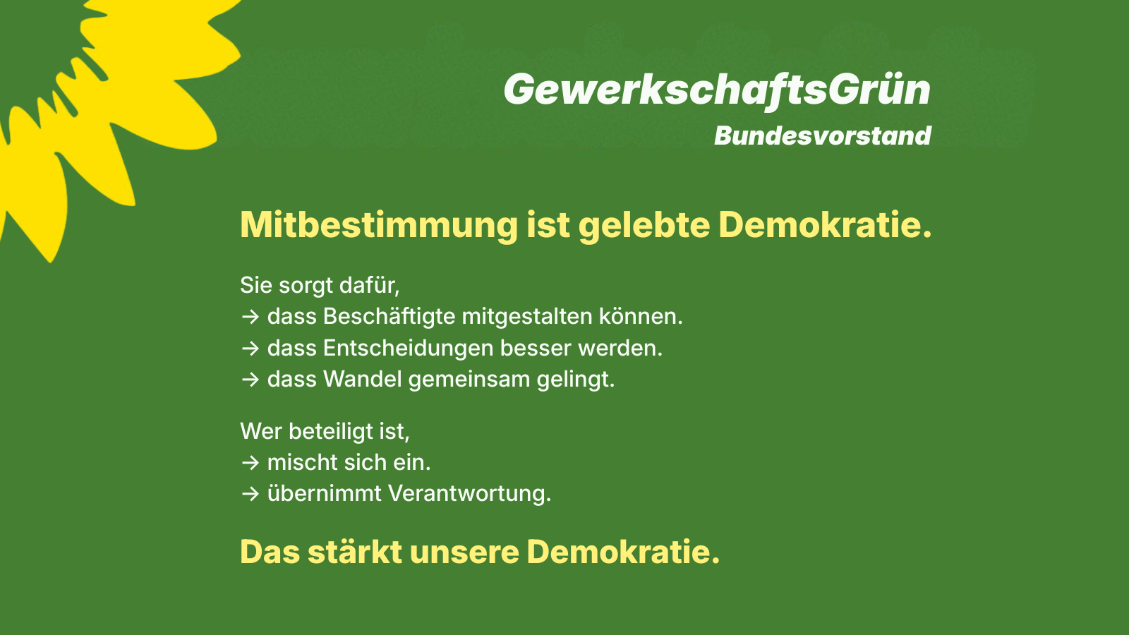 Grünes Sharepic von GewerkschaftsGrün mit gelber Sonnenblume oben links. Text: „Mitbestimmung ist gelebte Demokratie.“ Darunter Stichpunkte: Beschäftigte können mitgestalten, Entscheidungen werden besser, Wandel gelingt gemeinsam. Weitere Punkte: Wer beteiligt ist, mischt sich ein und übernimmt Verantwortung. Abschluss: „Das stärkt unsere Demokratie.“