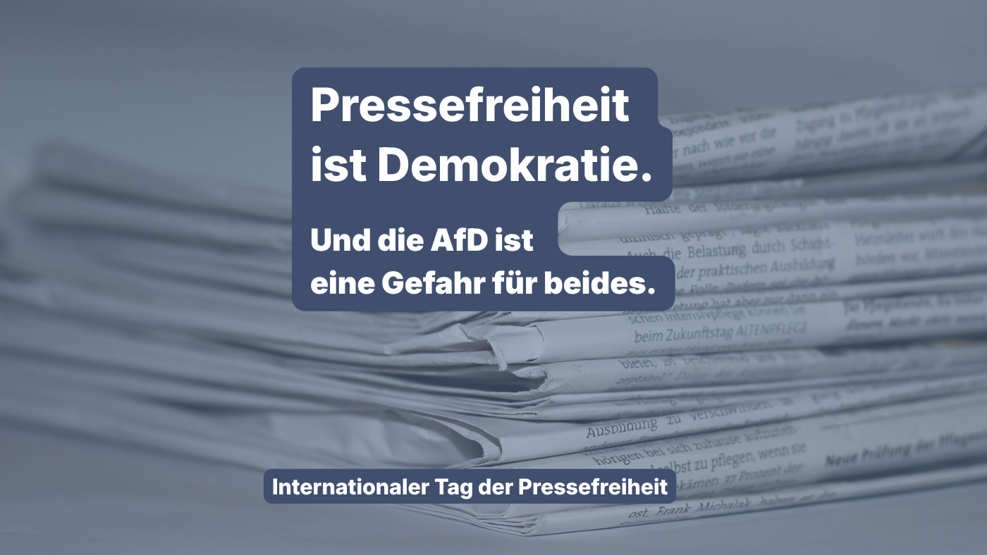 Grafik von Beate Müller-Gemmeke zum Internationalen Tag der Pressefreiheit. Zu sehen ist ein Stapel gefalteter Zeitungen in bläulichem Farbton. Darüber steht in großer weißer Schrift: „Pressefreiheit ist Demokratie. Und die AfD ist eine Gefahr für beides.“ Unten der Hinweis: „Internationaler Tag der Pressefreiheit“.