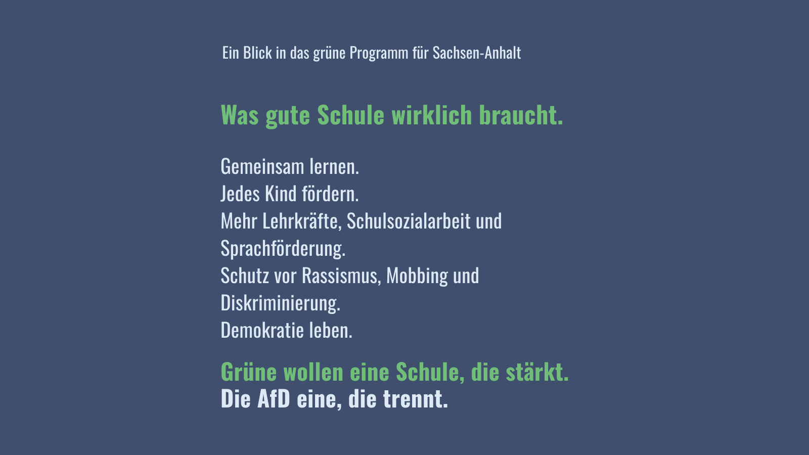 Hochformatige Grafik auf dunkelblauem Hintergrund mit weißer Schrift. Überschrift: „Ein Blick in das grüne Programm für Sachsen-Anhalt“. In Grün steht: „Was gute Schule wirklich braucht.“ Genannt werden gemeinsames Lernen, Förderung jedes Kindes, mehr Lehrkräfte, Schulsozialarbeit und Sprachförderung, Schutz vor Rassismus, Mobbing und Diskriminierung sowie gelebte Demokratie. Am Ende steht: „Grüne wollen eine Schule, die stärkt. Die AfD eine, die trennt.“