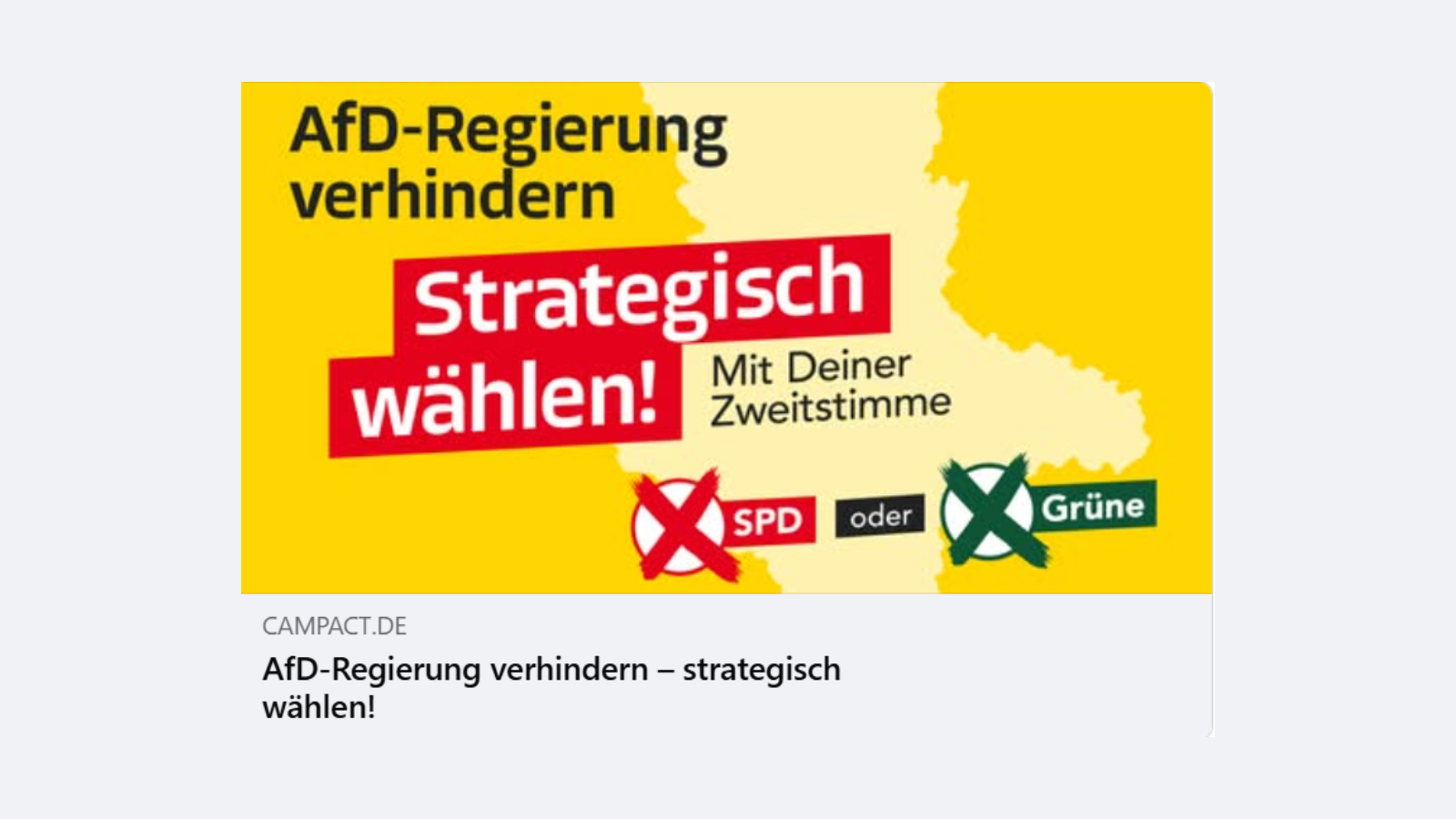 Campact-Grafik zur Landtagswahl in Sachsen-Anhalt. Auf gelbem Hintergrund steht: „AfD-Regierung verhindern. Strategisch wählen! Mit Deiner Zweitstimme“. Darunter sind SPD und Grüne mit angekreuzten Wahlkreisen dargestellt.