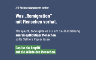 Dunkelblaue Grafik mit weißer Schrift. Oben steht „AfD-Regierungsprogramm konkret“. Groß darunter: „Was ‚Remigration‘ mit Menschen vorhat.“ Danach: „Wer glaubt, dabei gehe es nur um die Abschiebung ausreisepflichtiger Menschen, sollte Sellners Papier lesen.“ Unten grün hervorgehoben: „Das ist ein Angriff auf die Würde des Menschen.“