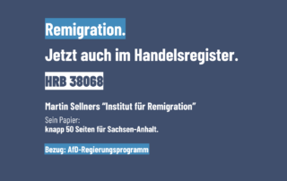 Dunkelblaue Grafik mit weißer und hellblauer Schrift. Oben steht „Remigration. Jetzt auch im Handelsregister.“ Darunter die Handelsregisternummer „HRB 38068“. Es folgen „Martin Sellners ‚Institut für Remigration‘“, „Sein Papier: knapp 50 Seiten für Sachsen-Anhalt.“ und unten hellblau hervorgehoben: „Bezug: AfD-Regierungsprogramm“.