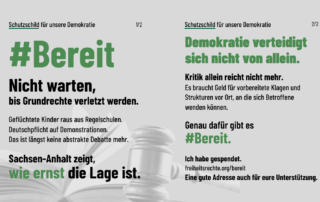 Zweiteilige Grafik zur Initiative #Bereit der Gesellschaft für Freiheitsrechte. Auf hellgrauem Hintergrund sind ein aufgeschlagenes Gesetzbuch und ein Richterhammer zu sehen. Die linke Seite warnt unter der Überschrift „Nicht warten, bis Grundrechte verletzt werden“ vor Angriffen auf demokratische Rechte und verweist auf die ernste Lage in Sachsen-Anhalt. Die rechte Seite trägt die Botschaft „Demokratie verteidigt sich nicht von allein“ und wirbt für finanzielle Unterstützung vorbereiteter Klagen und lokaler Hilfsstrukturen. Beate Müller-Gemmeke erklärt, dass sie für #Bereit gespendet hat, und ruft zur Unterstützung der Initiative auf.